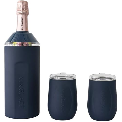 Vinglacé Wine Bottle Chiller Gift Set- Portable Stainless Steel Wine Cooler with 2 Stemless Wine Glasses, Navy