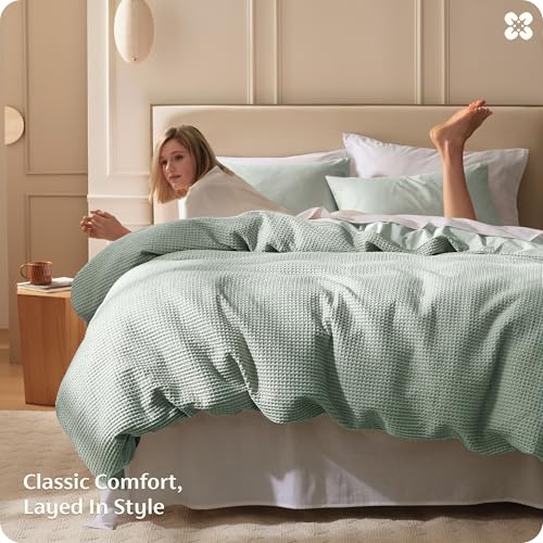 Image of Bedsure Cotton Duvet Cover King Size - 100% Cotton Waffle Weave Sage Green Duvet Cover, PureWoven Textured Breathable Bedding Comforter Cover for All Season, 1 Duvet Cover Only 104 inchx90 inch