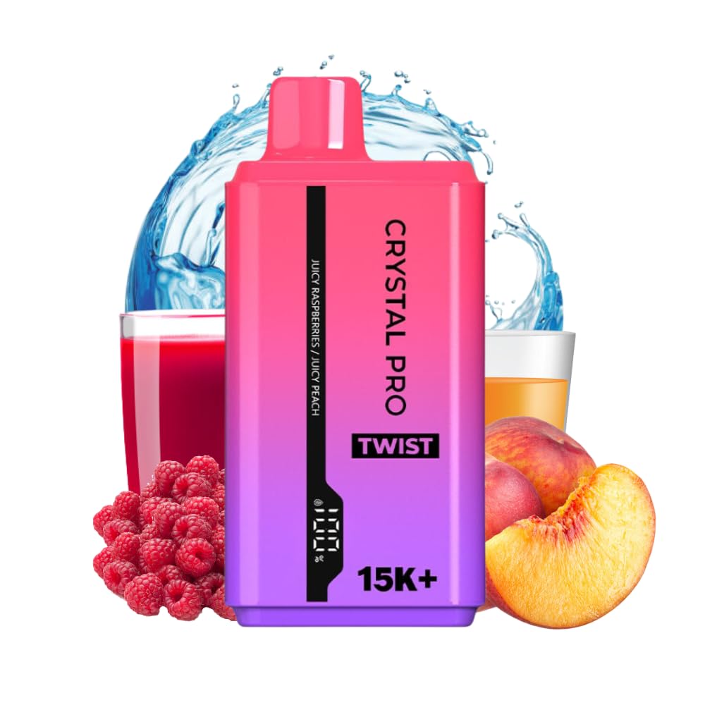 Crystal Pro Twist 15000 Puffs Disposable Vape, Prefilled Twisted Dual Tank E-Cigerrates, Draw-Activated Rechargeable Vapes with Mesh Coil, No Nicotine Free (J.Raspberries/J.Peach)