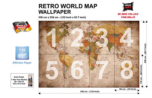 Large Photo Wallpaper – Retro World Map Used Look – Picture Decoration Globe Continents Atlas Earth Retro Old School Vintage Image Decor Wall Mural (132.3x93.7in - 336x238cm) - Thumbnail 2