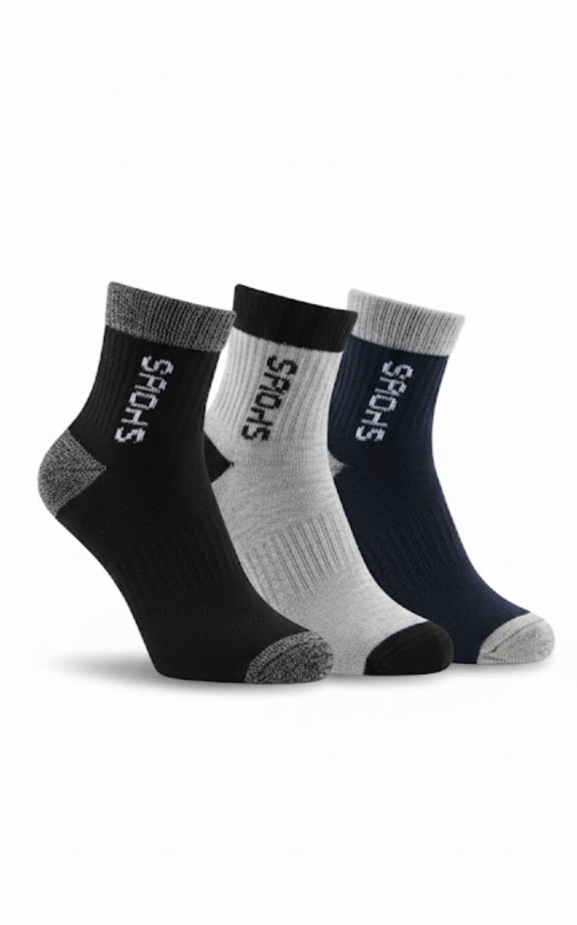 Ankle Socks, 3 Pairs Pack, Black White Navy, Cotton Blend, Cushioned Comfort Sports Wear-image-26