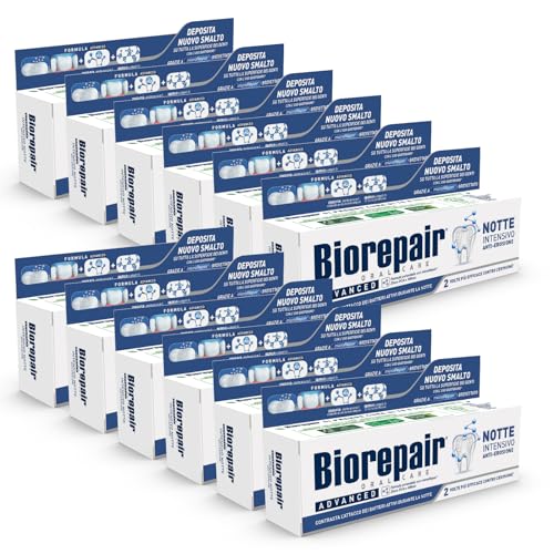 Biorepair, Dentifricio Advanced, Notte Intensivo Anti-Erosione, 12 Confezioni da 75 ml, Protegge e Ripara lo Smalto dei Denti, Antibatterico, con MicroRepair, Zinco PCA e Xilitolo, per un Alito Fresco