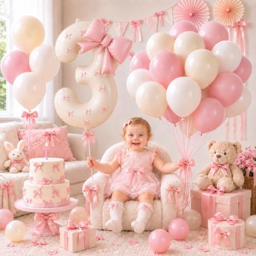 Image of 40 Inch Pink Beige Number 3 Balloon Tower with Bow 3rd Birthday Decorations