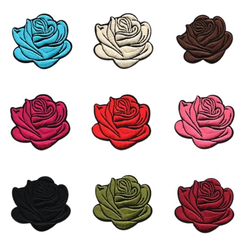 YUVKIN Lot de 9 écussons roses brodés, patchs thermocollants et à coudre, 6,5×5,7 cm, couleurs variées, décorations textiles pour vêtements, sacs et jeans