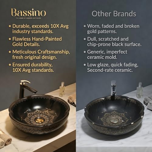 Image of BASSINO 16.5x16.5x5 Inches Moroccan Table Top Wash Basin /Matte Black Bowl Sink for Bathroom /Vanity sink /Handcrafted Flower Shape Countertop Washbasin for Office /Hotel(Matt)
