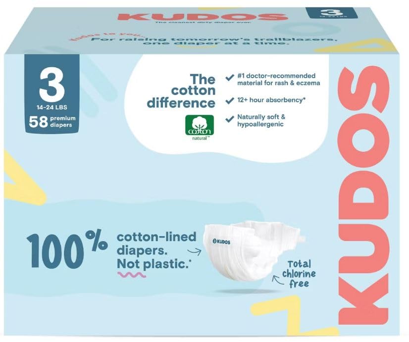 kudos chlorine free premium diapers, cotton-lined, (size 3, 58 count)
