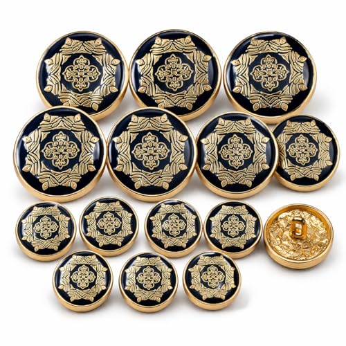 Image of REENA Metal Coat Buttons Set of 12 (6 Large 20mm + 6 Small 17mm) | Premium Gold & Black Designer Buttons for Blazer, Coat, Sherwani & Uniform | Heavy Duty Sewing Buttons for Men & Women( ANTIQUE BLACK NEW )