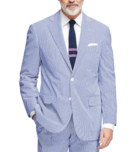 SUZHIMO Men's 2 Piece Seersucker Suit Slim Fit Wedding Groosmen Linen Suit for Men Prom Striped Jacket+Pant