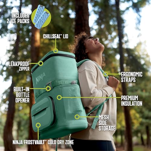 ninja  backpack cooler  frostvault go can soft cooler  leakproof zipper with built in can opener 2 ice packs amp dry storage drawer  for hiking camping amp more  2436 can
