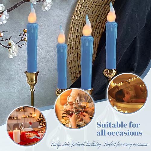 Image of Dark Blue Flameless Short Taper Candles, Real Wax Hand Dipped LED Battery Operated with Remote, Flickering Flame Lights for Festival Party Home Decor, 6.7 Inch Primitive Flameless Candles, 2PCS