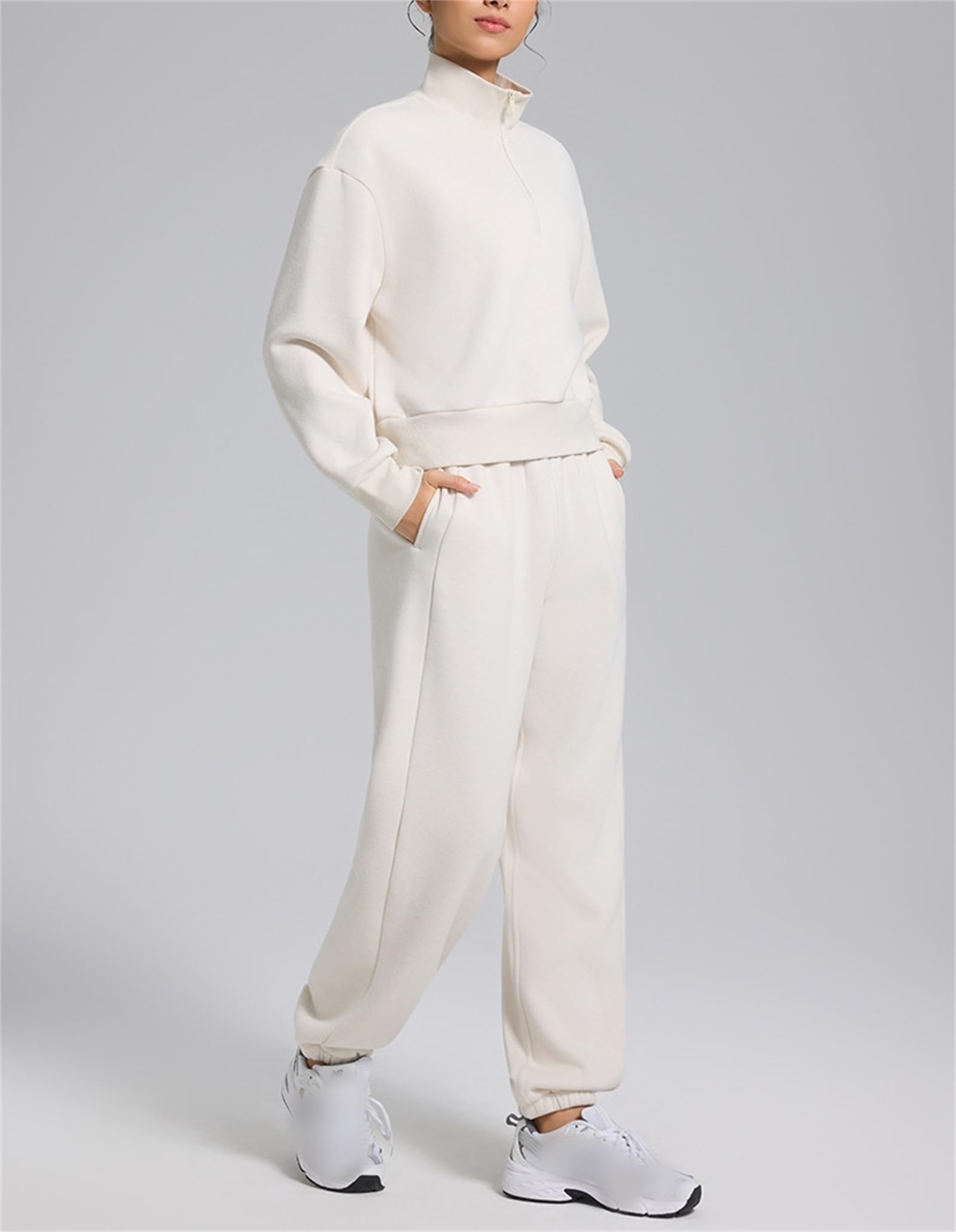 Sudadera con forro polar de algodón con media cremallera para mujer, cuello alto falso, manga larga, sudadera corta para mujer.
