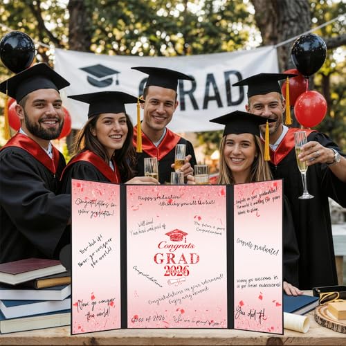 Image of Graduation Decorations 2026 Red Black Graduation Guest Book to Sign Class Of 2026 Signature Guestbook Alternative Party Gifts Keepsake Congrats Grad Invitations Memory Card Board College High School