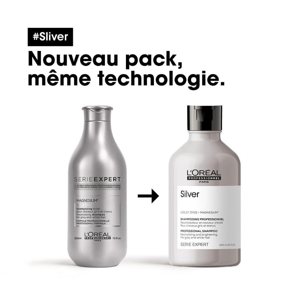 L'OREAL PROFESSIONNEL - Shampoing Déjaunissant Silver - Homme & Femme - Apporte Éclat, Douceur & Brillance - Pigments Violets - Cheveux Gris & Blancs - 300 ml