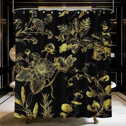 soeeao Black Gold Vintage Botanical Shower Curtain, 60x72 in