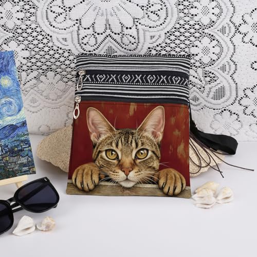 Brown Cat Adjustable Shoulder Strap Crossbody Bag Yellow Eyes and Striped Print for Cat Loving Adults Special Pet Gift for Friend Sister's Birthday or Christmas Present​​3
