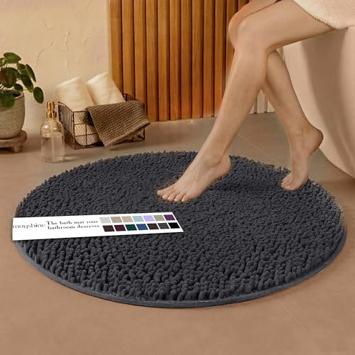 Image of Extra Large Round Area Rug Set for Bathroom 48 inchx48 inch Soft Plush Chenille Bath Mat, Water Absorbent Non-Slip Bathroom Rug | Washable Shag Carpet, Bedroom, or Home Decor | Charcoal Gray