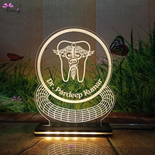 Image of Acrylic Laser Engraved Table Sign Stand, Laser Engraved Acrylic Sign or Name Plate for Doctor, Teacher, Advocate, Medical, Proprotor office or personal use with Warm White Light (ROUND DENTIST LAMP - A)
