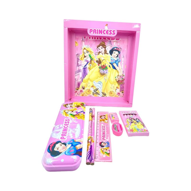 Image of Princess Stationary Kit with 1 Pencil Box Case 2 Pencils 6 Crayon Colors 2 Space Gel Pen 1 Ruler Scale Eraser Sharpener Kit for Kids (Character As Per Available)