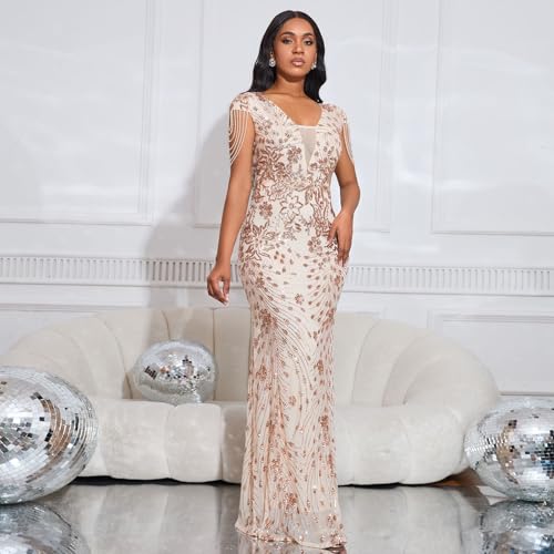 Image of dasmzper Women Sequin Elegant Sexy Tassel Bead Sleeve Mesh Perspective Bodycon Party Cocktail Evening Dress