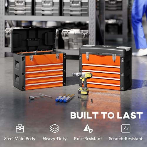 HOMCOM 4 Drawers Large Tool Box, Powder Coated Steel Toolbox with Top Tray, Mini Parts Boxes, Ball Bearing Runners, Handle, Heavy Duty Tool Chest for Workshop, Garage, 497mm x 253mm x 407mm, Orange 4 HOMCOM 4 Drawers Large Tool Box, Powder Coated Steel Toolbox with Top Tray, Mini Parts Boxes, Ball Bearing Runners, Handle, Heavy Duty Tool Chest for Workshop, Garage, 497mm x 253mm x 407mm, Orange - Image 4