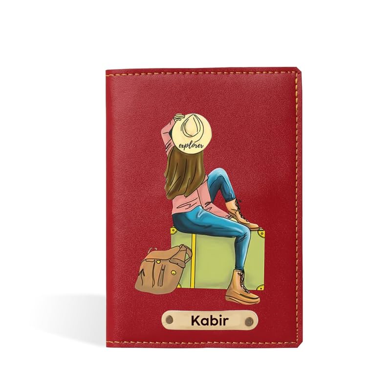 Faux Vegan Leather Customized Passport Cover, Passport Holder for Men, Women & Kids - Travel Accessories Passport Wallet for Trips with Custom Name (Red)