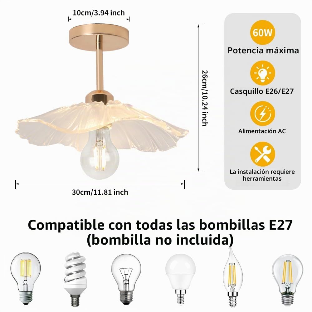 Lampara Techo y Lámpara Colgante 2-en-1,Luz led Techo para Habitación,Cocina,Salón,Pasillo,Habitación Infantil,Entrada,Escaleras,30CM,Flor Vidrio Pantalla de Lámpara,E27 Base,Oro