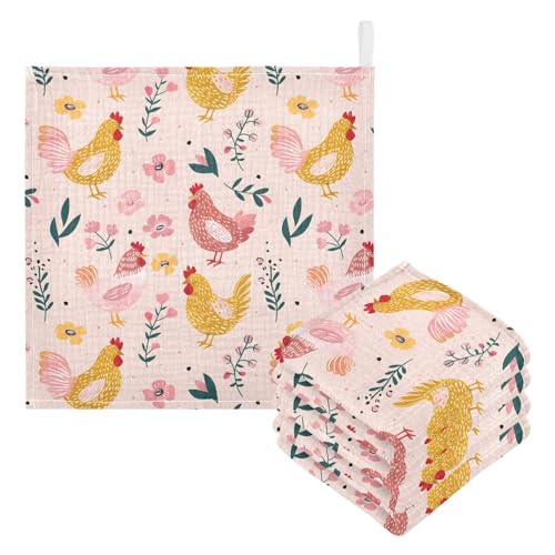 Image of Bolaz Washcloths Set Bathroom Kitchen Wash Cloths Face Towels Wipes Chickens Pink Decorative 12x12 Inch 5 Pack