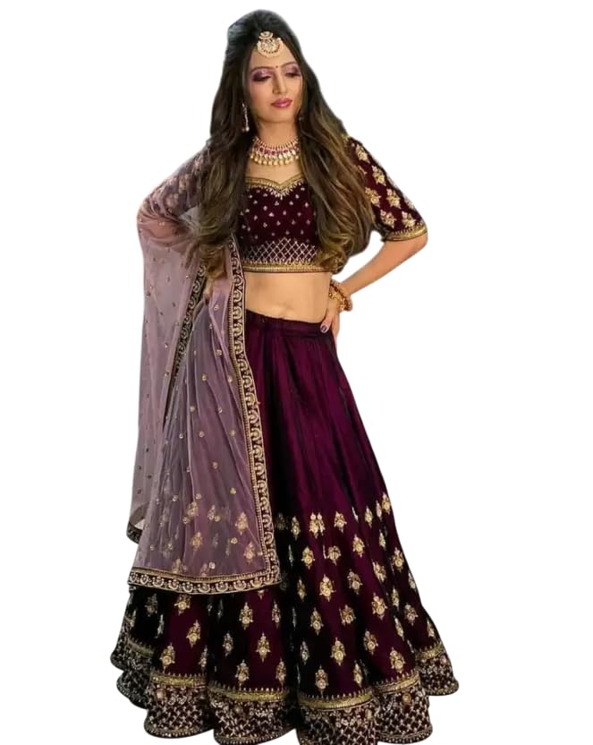 Semi-Stitched Lehenga Choli in Velvet with Net Dupatta, Embroidery Work, Wine-image-34
