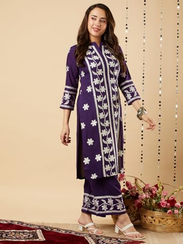 Image of GoSriKi Women's Cotton Blend Straight Chikankari Embroidered Kurta with Palazzo Set