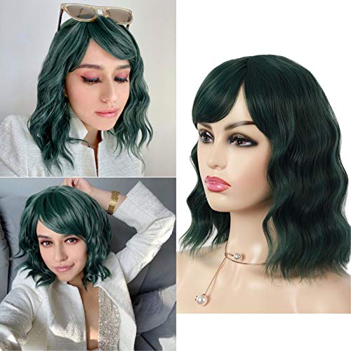 Synthetic Wavy Bob color Wigs with Air Bangs, Shoulder Length Women's Short Curly Cosplay Wig, Dusky Ombre Halloween Costume Party Wigs for Girl(12-Mix Green)