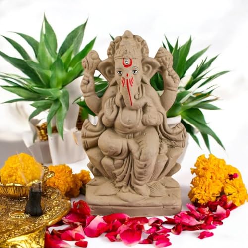 Image of SAUDEEP INDIA 6 Inch Mitti Ganesh Idol | Eco-Friendly Handcrafted Mud /Clay Ganesh Murti | Ganpati Figurine for Visarjan | Biodegradable Mushak Ganesha Statue | Ganesh Chaturth (Lotus Ganesh)