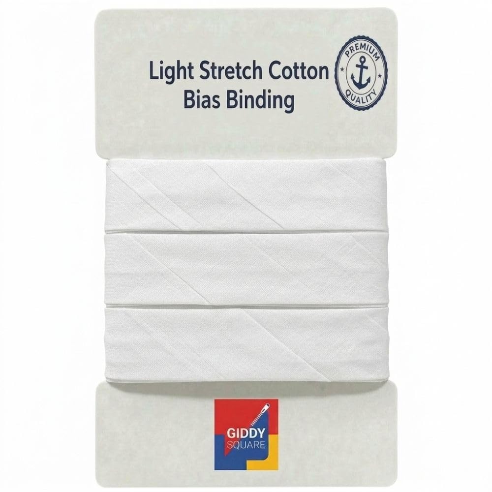 Premium White Light Stretch Cotton Bias Binding Tape, 30mm Wide x 10m Length, Smooth Finish Mild Elastic Trim for Clothing, Sportswear, Quilting & Blankets - Giddy Square