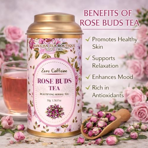 Image of Sancha Tea Boutique, Mini Rose Buds Herbal Tea | 100% Caffeine-Free Floral Tisane | Sun-Dried Young Rose Buds | Pure Botanical Infusion, 50g