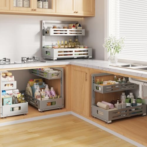 Image of 2 Pack 19IN-Depth Under Sink Organizer,Pull Out Cabinet Organizer With Smooth Cylindrical Rail,Metal Slide Out Drawer for Kitchen Bathroom Laundry,8-Level Tool Free Height Adjustable-Gun Gray