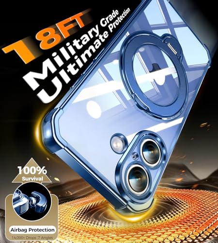 Image of Soft Case for iPhone 16 with 360 Rotating Magnetic Stand, Compatible with Mag-Safe, 4X MIL-Drop Protection, Lightweight Glossy Anti-Yellowing Clear Back Phone Cover for iPhone 16, Blue