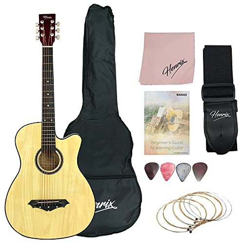 Image of Henrix 38C PRO 38 Inch Bass Wood Cutaway Acoustic Guitar With Die-Cast Tuners, Dual-Action Truss Rod, Gig-Bag, Picks, String Set, String Winder, Strap & Polishing Cloth - Natural