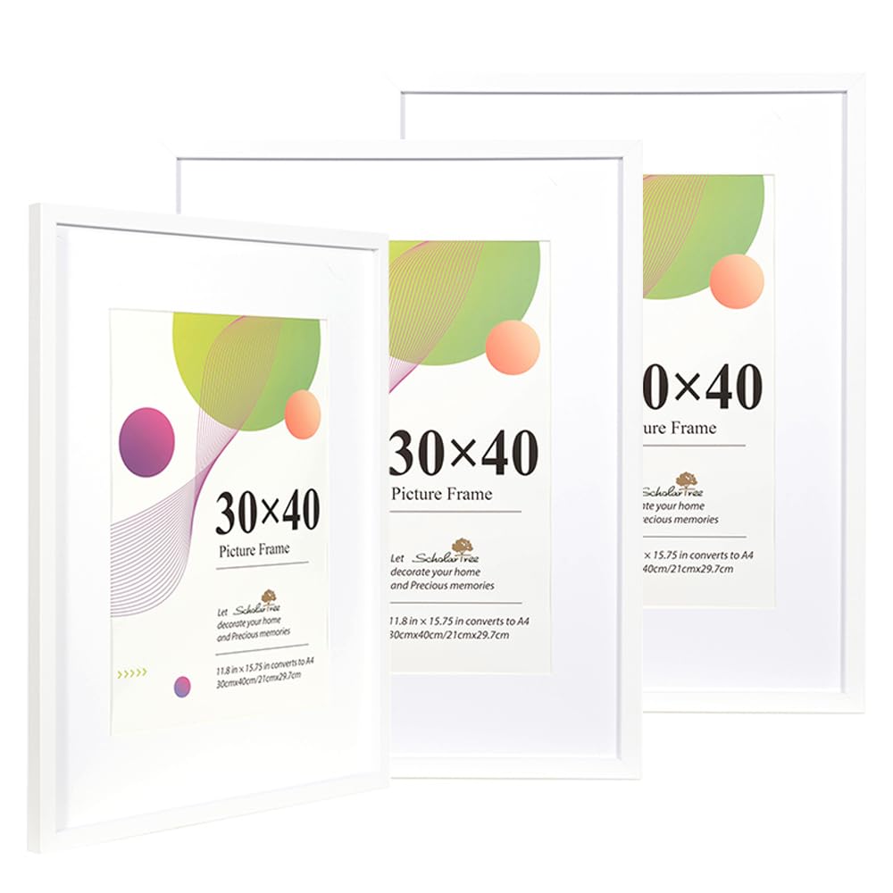 Scholar Tree 30x40 Picture Frame,3 Pack White,12x16 picture frame, Wooden Photo Frames with A4 Mount,with Wall Hanging