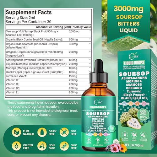 Image of VivoNu 10-in-1 Soursop Bitters Liquid Drops 3000mg, Soursop Drops with Ashwagandha* Black Seed Oil, Moringa, See Moss and Vitamins (2 Fl Oz (Bottle of 1))