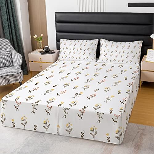 Flower Bedding Full for Girls Rustic Home Decor Bed Skirt Luxury Vintage Style Garden Flower Bed Skirts Kids Boys Chic Bedskirt Floral Aesthetic Bedding for Kids Teens, with 2 Pillowcases