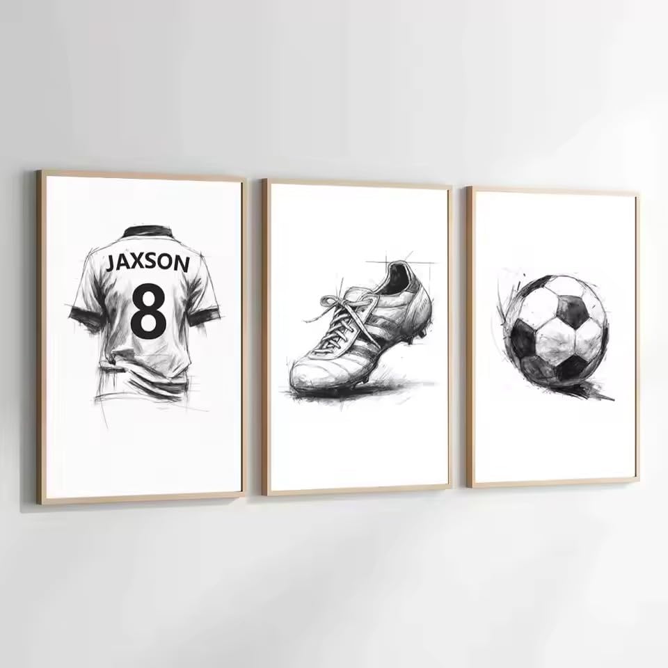 LMAIWANG Spersonalizowany zestaw sztuki ściennej o tematyce piłkarskiej niestandardowe imię i numer zestaw do drukowania pokoju chłopca plakat dekoracyjny (50 x 70 cm x 3/bezramowy)