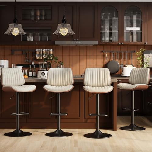 Image of MALOL Bar Stools Set of 4, Adjustable Counter Height Bar Chairs 26 inch-34.5 inch with Swivel & Footrest, Modern Faux Leather Barstools for Kitchen Island, Dining Room,Pub,Beige