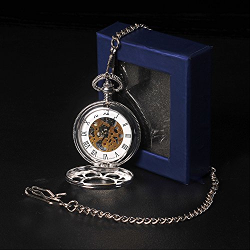 Fransande Antique Hunter Quartz Roman Numerals Pocket Watch for Men with Chain Silver - Image 6