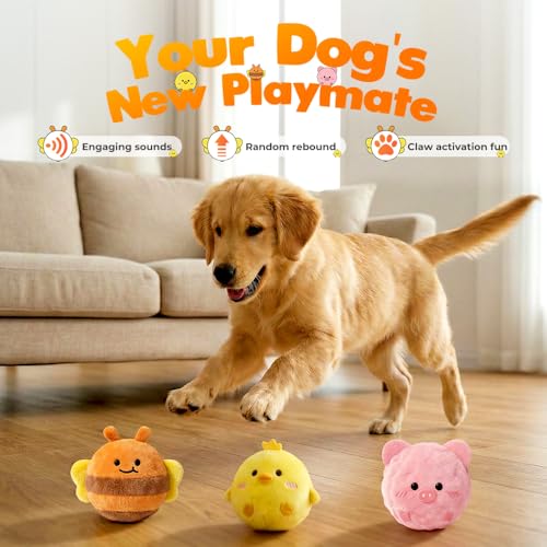 Plush Spiky Ball Dog Toy, 2026 New Interactive Dog Toys, Jumping Squeaky Chew Toy Ball with Soft Durable Fabric for Small Medium Large Dogs Puppy Teething Toys (Yellow)