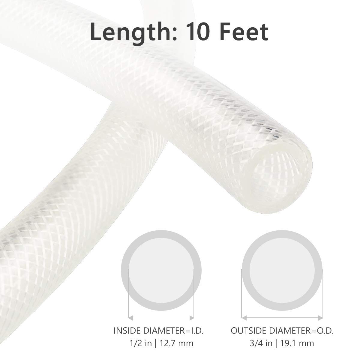 1/2" ID x 3/4" OD - 10 Ft High Pressure Braided Clear PVC Vinyl Tubing Flexible Vinyl Tube, Heavy Duty Reinforced Vinyl Hose Tubing, BPA Free and Non Toxic: Industrial & Scientific