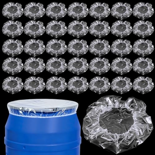 Acellegic 50 Pcs 55 Gallon Elastic Drum Covers, 4 Mil Polyethylene Waterproof Bucket Cap Covers Anti Static and Ultraviolet for Outdoor Containers, Protection Against Contaminants