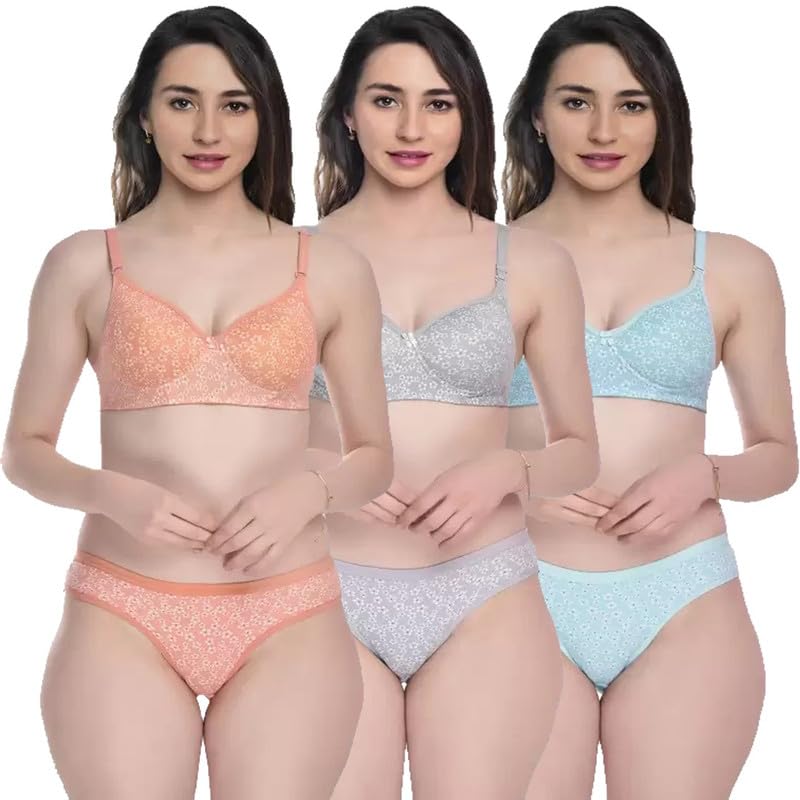Women’s Cotton Full Coverage Lightly Padded Wire Free Sexy Bra Panty Lingerie Set Honeymoon Bikni Set for Girl’s Combo Pack of 3