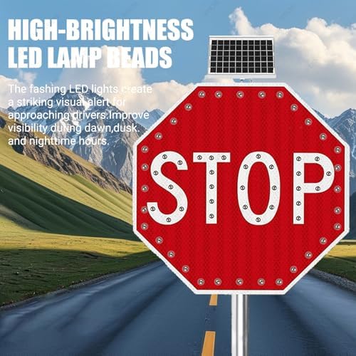 30" Solar LED Stop Sign - Durable Aluminum Octagon Traffic Sign with Blinking Light for Enhanced Road Safety - Bright Red Warning Sign for Streets and Intersections