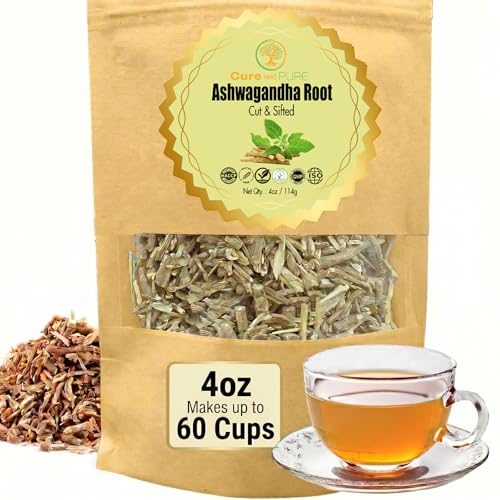 Cure wid Pure Certified Organic Ashwagandha Root Tea | Cut & Sifted 4oz Non-GMO Non-Irradiated Ashwagandha Tea for Women & Men Adaptogenic Wellness | Withania Somnifera for Herbal Infusion & Capsules