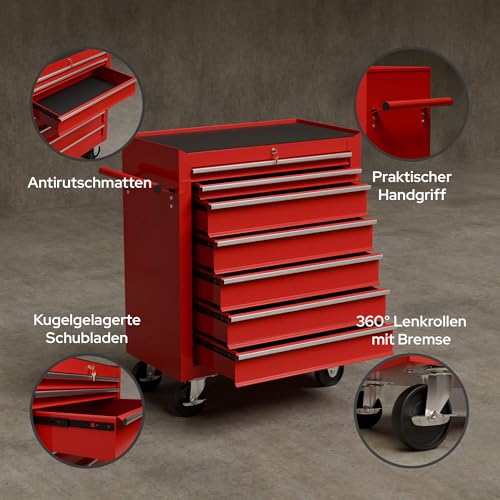 Arebos Werkstattwagen 7 Fächer/zentral abschließbar/Anti-Rutschbeschichtung/Räder mit Festellbremse/Massives Metall/rot, blau oder schwarz (Rot) - 6