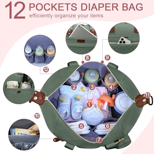 Image of Pritent Diaper Bag Tote - Diaper Baby Bags with Pacifier Case, Shoulder Straps, Stroller Clips, Waterproof Large Mommy Maternity Travel Baby Bag for Mom and Dad, Green, Medium